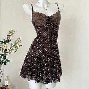Brown Polka Dot Western Lace Slip Dress